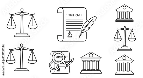Justice and Law Icons: Scales, Contract, Courthouse, Feather Quill