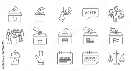 Election Vote Icons Set: Voting Box, Hand, Ballot, Calendar, Scales of Justice