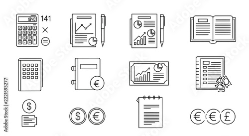 Financial Icons: Calculator, Charts, Coins, Notebook, Book, Money