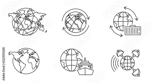 Global Network Icons: World Map, Shipping, Connectivity, and Logistics