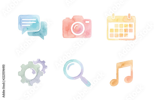 Watercolor Mobile App Interface Icons Set on White Background