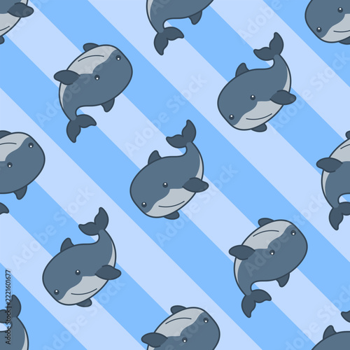 Seamless Pattern Featuring Cute Blue Whale Illustrations on Diagonal Striped Background