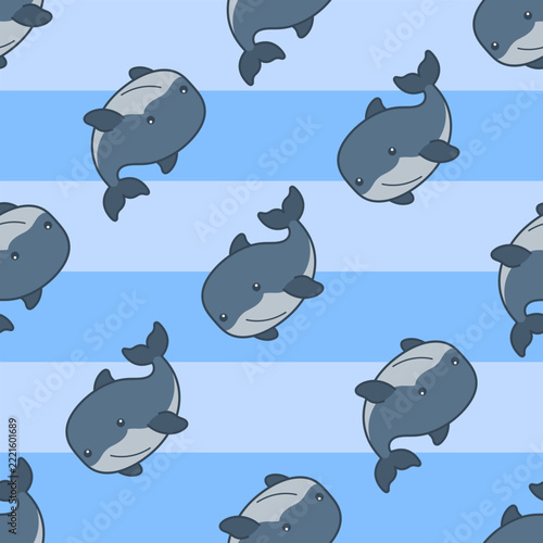 Cute cartoon whales swimming in a blue striped ocean seamless pattern illustration