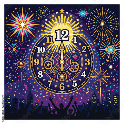 Elegant New Year countdown clock with golden numbers, sparkling fireworks, festive decorations, midnight celebration.