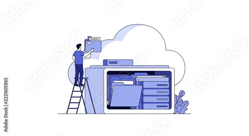 Cloud Storage and Data Management Concept - Man Organizing Digital Files and Folders into a Large Server Archive for Backup and Security Illustration