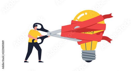 Conceptual Illustration of a Man Cutting Red Tape Around a Light Bulb to Unleash Innovation and Creative Ideas