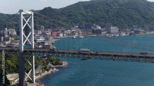 Aerial drone footage hovering over Kanmon Bridge and Kanmon Strait in Japan