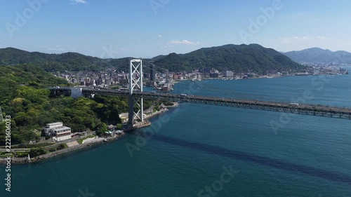 Aerial drone footage flying over Kanmon Strait and Kanmon Bridge in Yamaguchi Japan