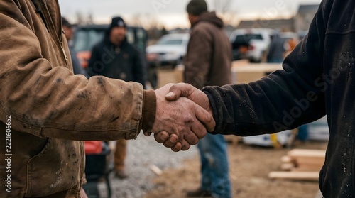 Extra close-up of rough dirty hands shaking during outdoor community build in winter