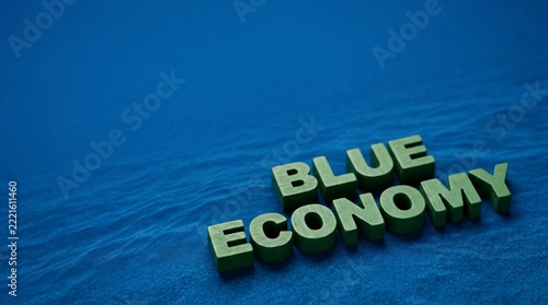 Green 3D Letter Blocks Spelling Blue Economy Concept on Rippling Blue Water Surface