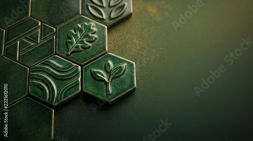 Green hexagonal tiles embossed with natural leaf symbols arranged in a mosaic pattern