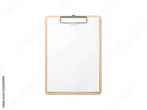 Wooden Clipboard with Blank Paper Sheet Mockup, Minimal Office Stationery Template Isolated on White or Transparent Background