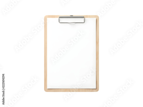 Wooden Clipboard with Blank Paper Sheet Mockup, Minimal Office Stationery Template Isolated on White or Transparent Background