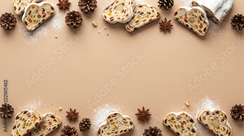 German Stollen Fruit Bread and Pinecone Border Layout on Solid Warm Beige Background