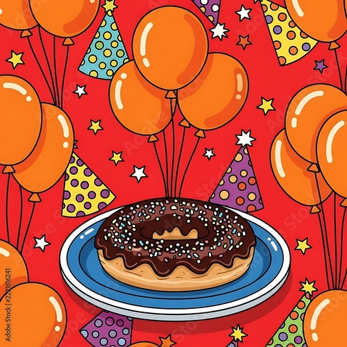 Colorful donut with sprinkles and orange balloons on a red background
