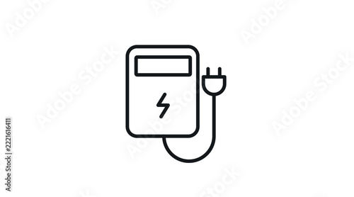 EV wallbox charging station with electric plug and lightning bolt vector icon. Black line art style on white background. Clean outline smart home home car charger for electric vehicle infrastructure 