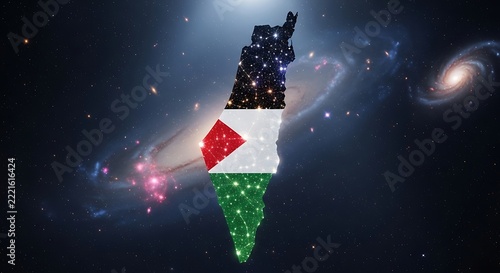 Map of Palestine with flag texture displayed in a starry galaxy