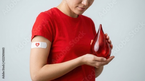 Person in a red shirt holding a symbolic red blood drop after a blood donation.