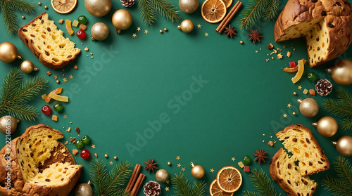 Italian Panettone Cake and Golden Ornaments Circular Frame on Solid Deep Emerald Green Background