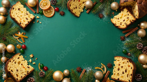 Italian Panettone Cake and Golden Ornaments Circular Frame on Solid Deep Emerald Green Background