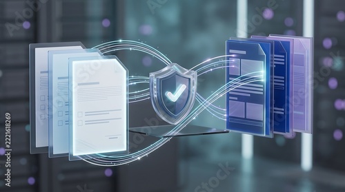 Secure data flow with shield icon protecting digital documents and files through encrypted network connection in professional server room environment for enterprise safety