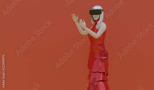 VR headset technology, woman wearing a virtual reality headset, 3D illustration.