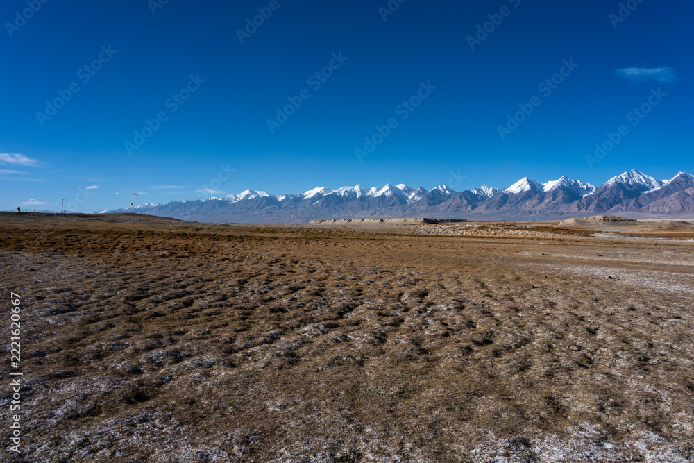 Fototapeta premium Pamir Plateau snow mountains and dry grassland landscape under blue sky