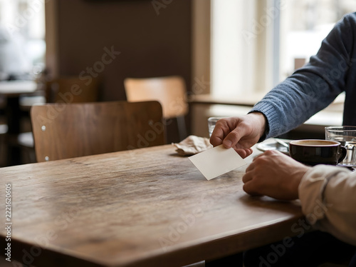 Person handing over a folded note across a wooden café table with coffee cups and natural light streaming in