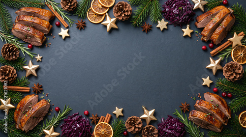Holiday Frame Border with German Weihnachtsgans Goose and Ornaments on Solid Dark Slate Background
