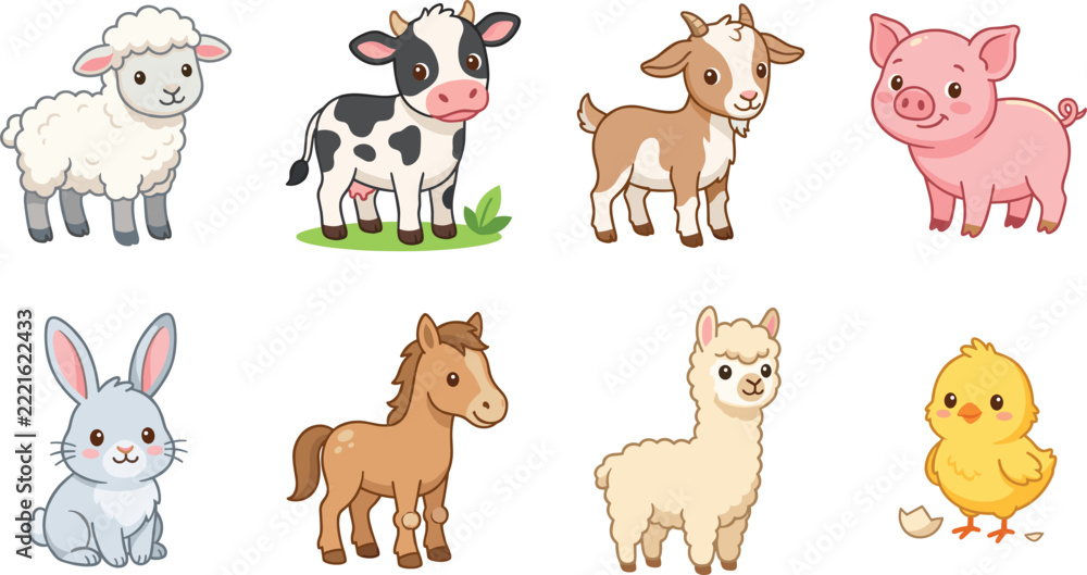 Fototapeta premium Cute Cartoon Farm Animals Including Sheep, Cow, Goat, Pig, Rabbit, Horse, Alpaca and Chick Illustration Set