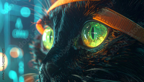 Cybernetic Feline: A striking black cat with luminous green eyes wears a futuristic headset, peering intently into a world of digital data and glowing lights.