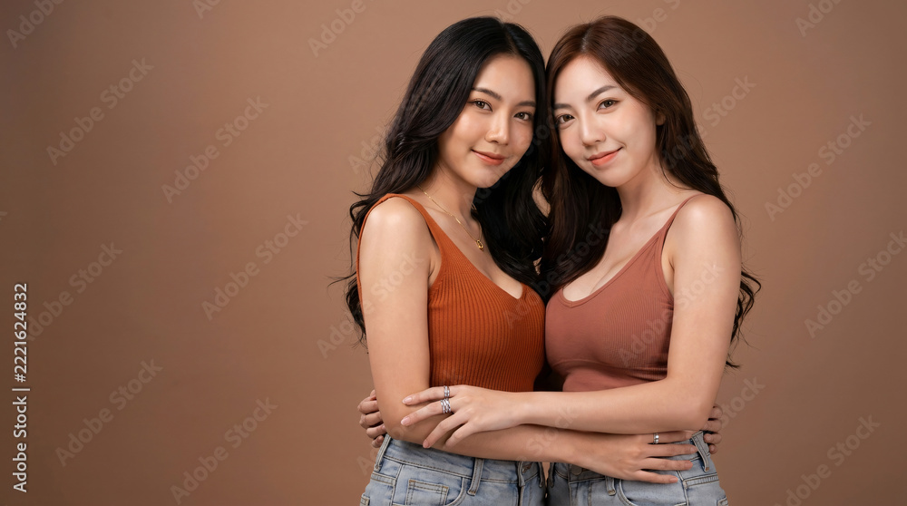 Fototapeta premium Two beautiful young Asian women smiling and posing together against a brown background.