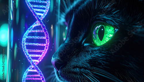 Genomic feline gaze: A black cat with vibrant green eyes stares intently at a glowing DNA helix, symbolizing the intersection of genetics and the animal kingdom.