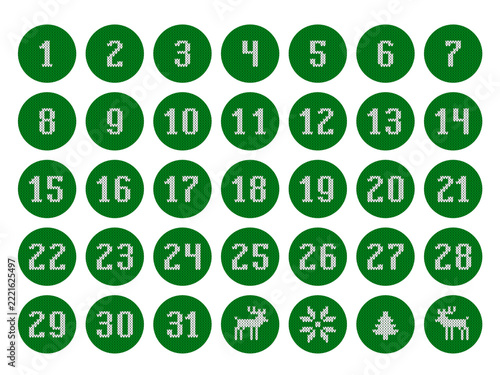 Christmas knitted stickers with numbers, December calendar, Advent. Vector illustration, use for decorating gifts and greetings.