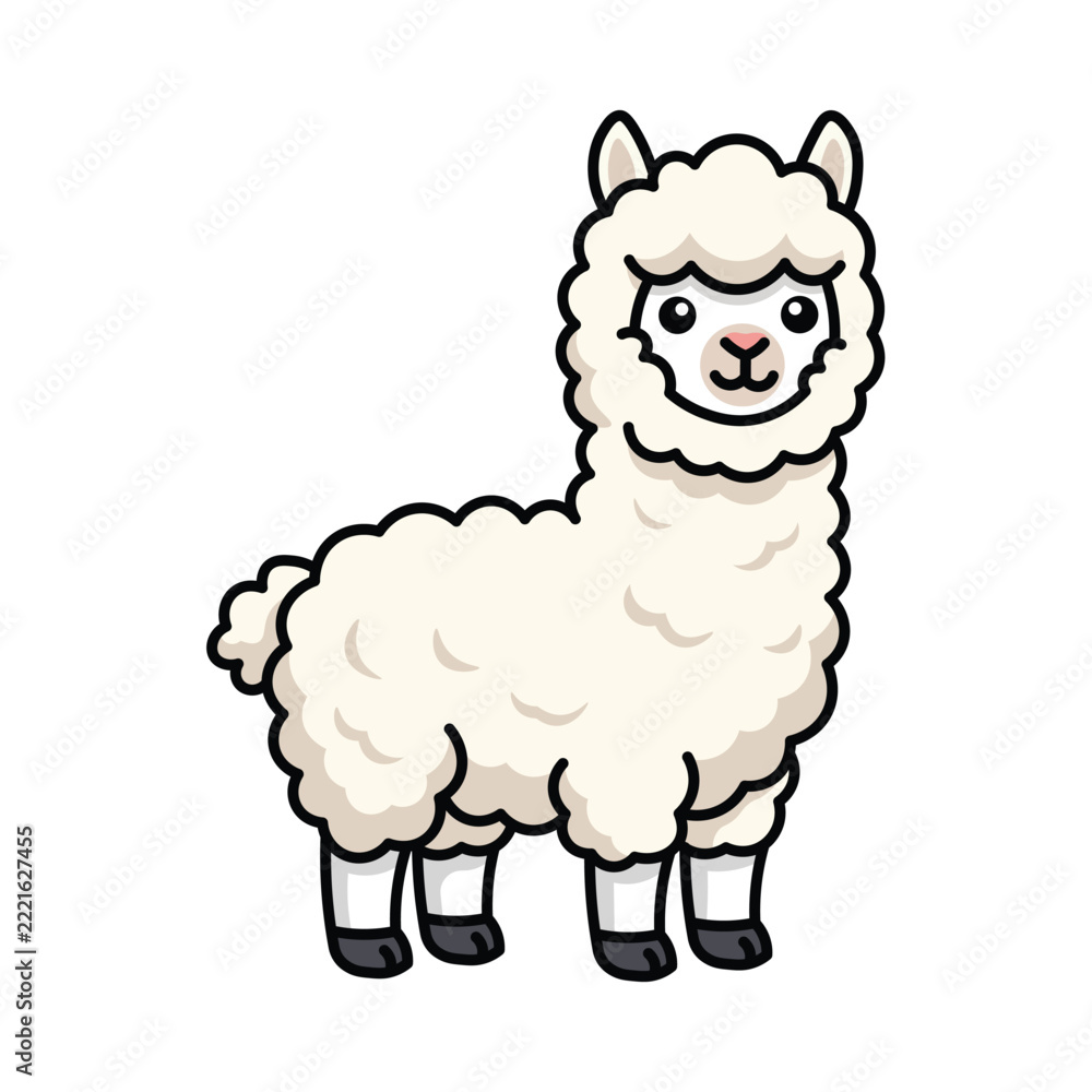 Fototapeta premium Cute fluffy white alpaca character standing and smiling with a friendly expression