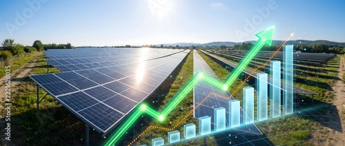 Solar panels with growing financial chart and arrow showing renewable energy profit.