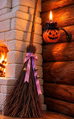Halloween witch broom with purple ribbon beside glowing jack-o-lantern candle wall sconce, creating a magical, cozy and mysterious holiday atmosphere in a rustic cabin with a burning fireplace