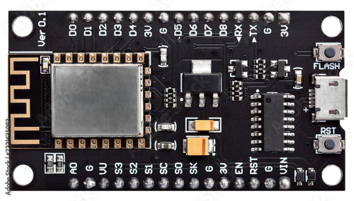 Internet of things development wifi microcontroller board with micro usb port and pin headers for electronic prototyping and wireless hardware engineering projects
