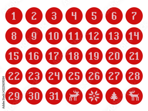 Christmas knitted stickers with numbers, December calendar, Advent. Vector illustration, use for decorating gifts and greetings.