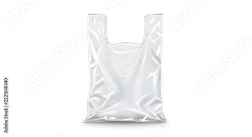 A transparent plastic shopping bag with handles, standing upright against a white background. The bag is slightly crinkled, with subtle highlights and shadows