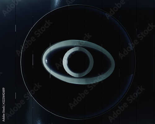 Futuristic minimalist abstract eye icon with metallic oval and circle on dark panel background