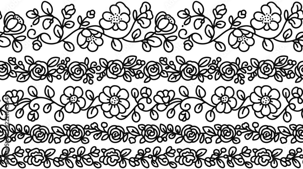 Fototapeta premium Set of five hand drawn floral border patterns.