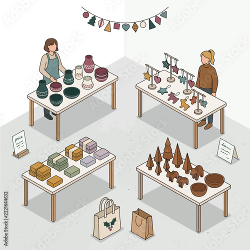 Holiday shopping season, Isometric Christmas craft fair stalls vector illustration, artisanal holiday market vendors, handmade ceramics soap wooden gifts pop-up shop design 