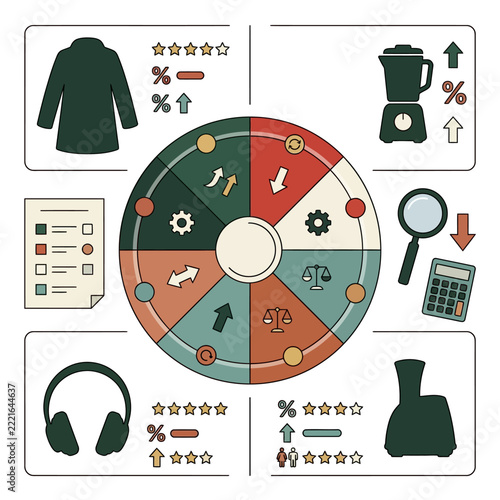 Holiday shopping season, Minimalist business infographic vector diagram, circular process chart with product comparison icons, modern financial analytics design isolated on White Background