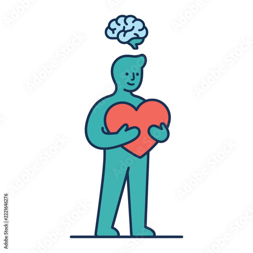 Person holding heart icon with brain symbol above isolated on white background, flat vector illustration