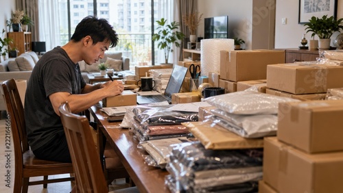 Asian Home-Based Seller Overwhelmed by Parcels and Packing Supplies at Dining Table, Illustrating Work-Life Balance Struggles in a Realistic Apartment Interior Setting