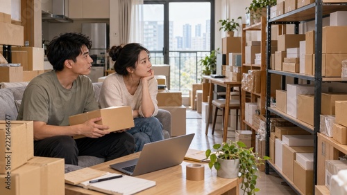 An Asian Couple Navigates Life in a Cozy Apartment Overrun with E-commerce Inventory and Shipping Boxes, Highlighting the Challenges of Limited Space in an Authentic Residential Setting