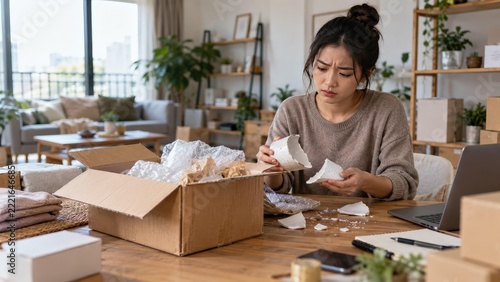 Disappointed Asian Ecommerce Entrepreneur Examining Damaged Product After Shipping Mishap - The Emotional Impact of Small Business Loss and Product Management Challenges
