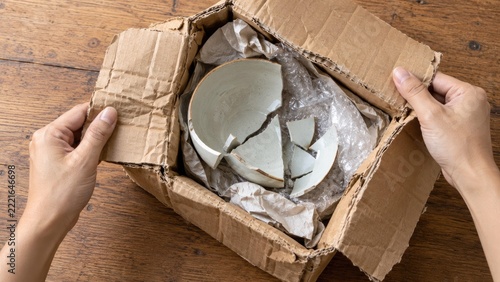 Asian Hands Inspecting Crushed Shipping Box with Damaged Contents: A Visual Representation of E-commerce Packaging Failure and the Importance of Quality Control in Delivery Services