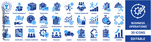 Business operations icon set. Collection of objective, product development, supply chain, action, performance, time management, inventory management, and automation icons. Editable vector collection. 